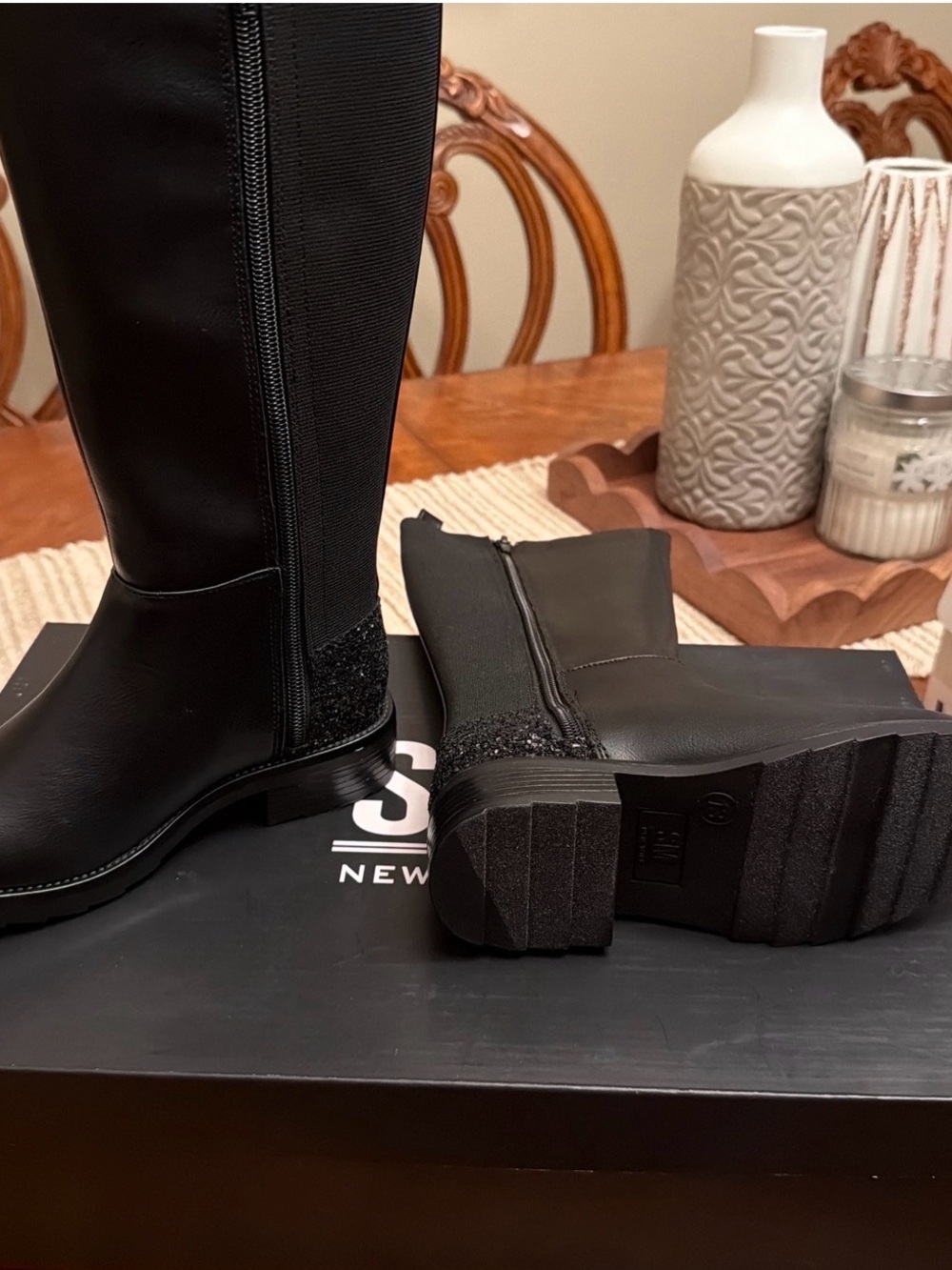 SM New York Black Girls' Knee-High Boots with Glitter Heel Accent